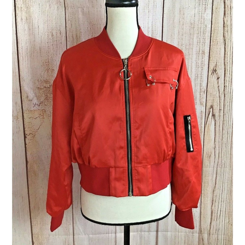 Max Martin Red Satiny Cropped Bomber Jacket Sz L